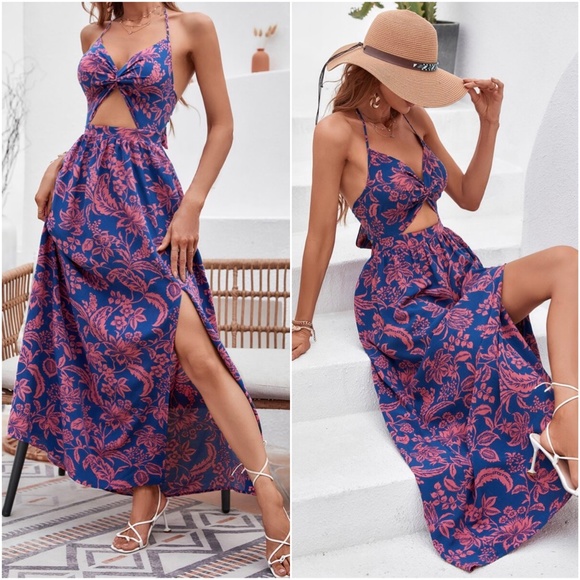 Boho Blue Floral Print Cut out Halter Maxi Dress - Picture 8 of 9